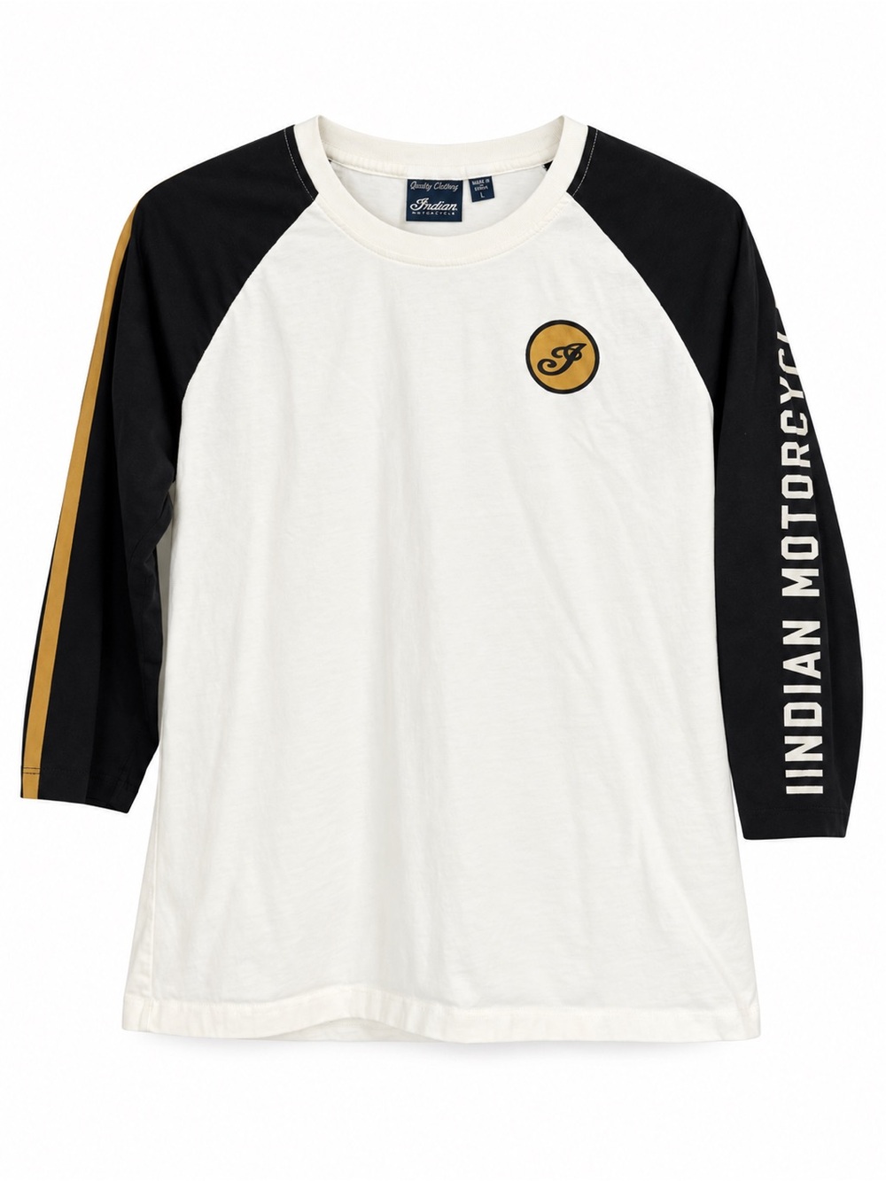 Indian Motorcycle Size L 3/4 Sleeve Raglan Baseball Tee Black Cream Gold